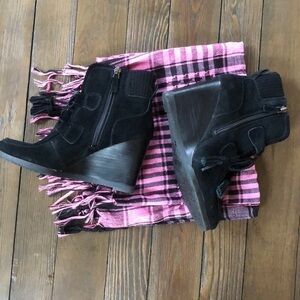 Franco Sarto black suede leather tassel tie wedge heel booties